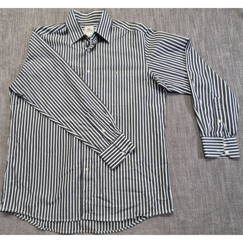 VTG Lacoste men's 42 LG long sleeve button shirt black/white striped 100% cotton